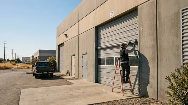 Technician on a ladder servicing a rolling steel commercial garage door at a Clovis business warehouse