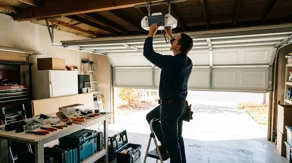 Professional technician performing a garage door opener installation in a Clovis residential garage, adjusting the motor unit on the ceiling track.