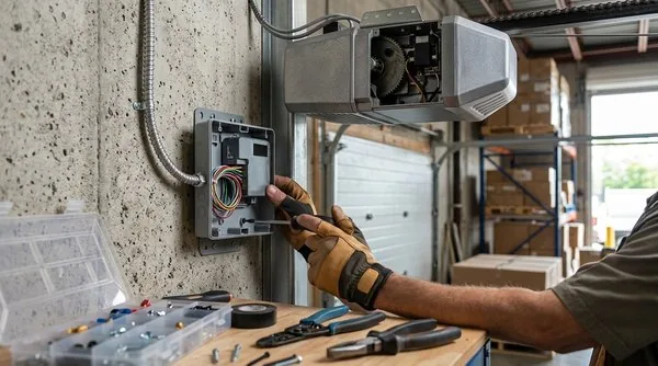 Technician wiring a smart commercial garage door opener control panel inside a service bay